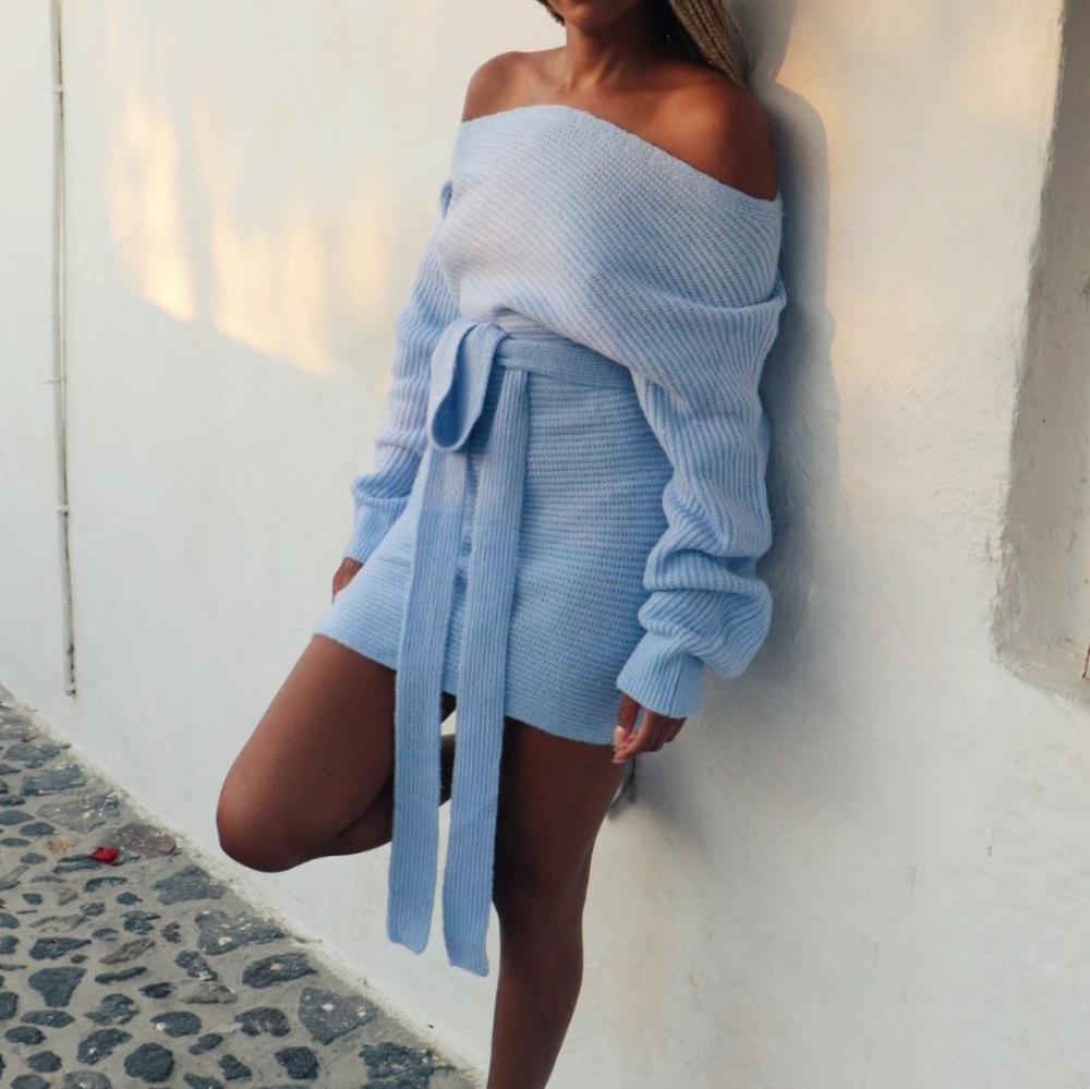 Powder blue sweater dress sweater dress with belt